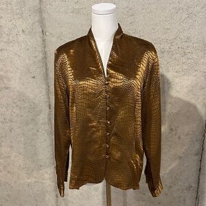 Vintage Camille Claudel Gold Metallic Snake Print Blouse | 80s Glam | Size M